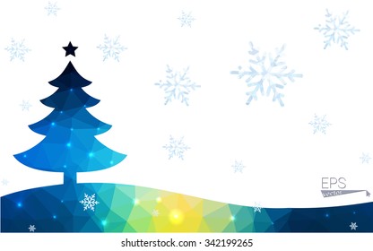 Blue, green postcard low polygon style christmas tree vector illustration consisting of triangles. Abstract polygonal origami or crystal design of New Years celebration. Isolated on white background.
