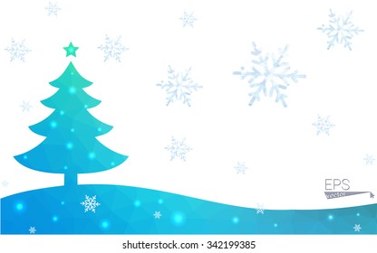 Blue, green postcard low polygon style christmas tree vector illustration consisting of triangles. Abstract polygonal origami or crystal design of New Years celebration. Isolated on white background.