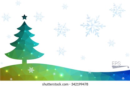 Blue, green postcard low polygon style christmas tree vector illustration consisting of triangles. Abstract polygonal origami or crystal design of New Years celebration. Isolated on white background.