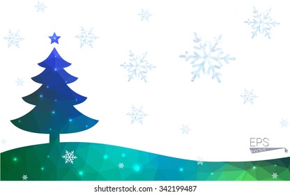 Blue, green postcard low polygon style christmas tree vector illustration consisting of triangles. Abstract polygonal origami or crystal design of New Years celebration. Isolated on white background.
