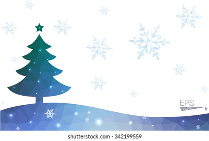 Blue, green postcard low polygon style christmas tree vector illustration consisting of triangles. Abstract polygonal origami or crystal design of New Years celebration. Isolated on white background.
