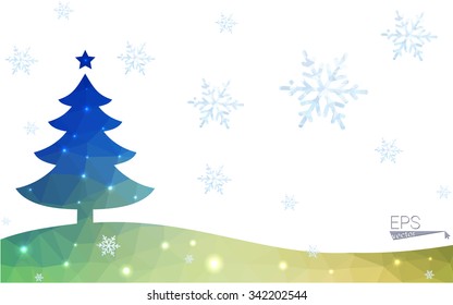 Blue, green postcard low polygon style christmas tree vector illustration consisting of triangles. Abstract polygonal origami or crystal design of New Years celebration. Isolated on white background.