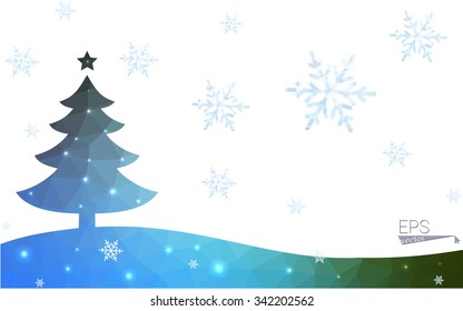 Blue, green postcard low polygon style christmas tree vector illustration consisting of triangles. Abstract polygonal origami or crystal design of New Years celebration. Isolated on white background.