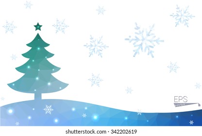 Blue, green postcard low polygon style christmas tree vector illustration consisting of triangles. Abstract polygonal origami or crystal design of New Years celebration. Isolated on white background.