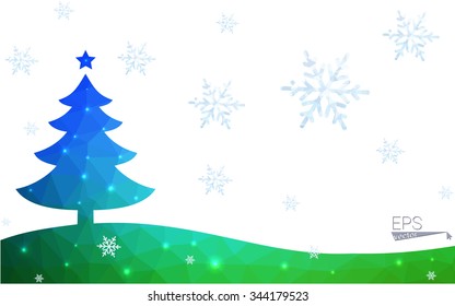 Blue, green postcard low polygon style christmas tree vector illustration consisting of triangles. Abstract polygonal origami or crystal design of New Years celebration. Isolated on white background.
