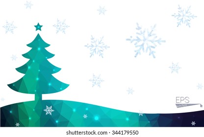 Blue, green postcard low polygon style christmas tree vector illustration consisting of triangles. Abstract polygonal origami or crystal design of New Years celebration. Isolated on white background.