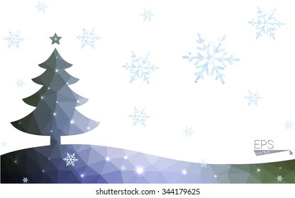Blue, green postcard low polygon style christmas tree vector illustration consisting of triangles. Abstract polygonal origami or crystal design of New Years celebration. Isolated on white background.