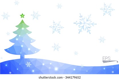 Blue, green postcard low polygon style christmas tree vector illustration consisting of triangles. Abstract polygonal origami or crystal design of New Years celebration. Isolated on white background.