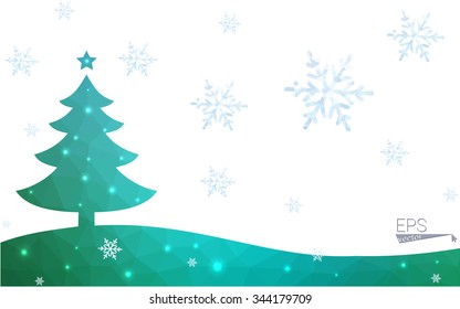 Blue, green postcard low polygon style christmas tree vector illustration consisting of triangles. Abstract polygonal origami or crystal design of New Years celebration. Isolated on white background.