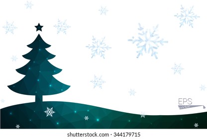 Blue, green postcard low polygon style christmas tree vector illustration consisting of triangles. Abstract polygonal origami or crystal design of New Years celebration. Isolated on white background.