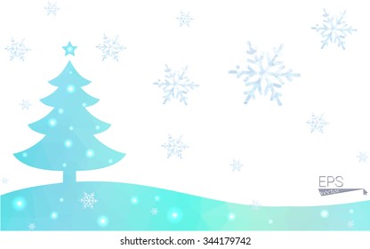Blue, green postcard low polygon style christmas tree vector illustration consisting of triangles. Abstract polygonal origami or crystal design of New Years celebration. Isolated on white background.