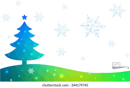 Blue, green postcard low polygon style christmas tree vector illustration consisting of triangles. Abstract polygonal origami or crystal design of New Years celebration. Isolated on white background.