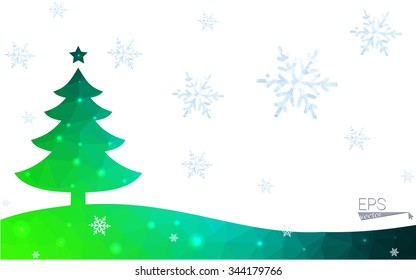 Blue, green postcard low polygon style christmas tree vector illustration consisting of triangles. Abstract polygonal origami or crystal design of New Years celebration. Isolated on white background.