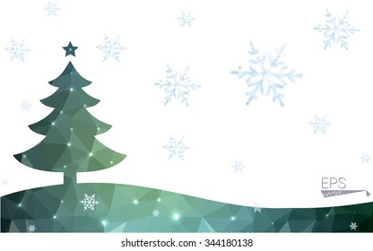Blue, green postcard low polygon style christmas tree vector illustration consisting of triangles. Abstract polygonal origami or crystal design of New Years celebration. Isolated on white background.