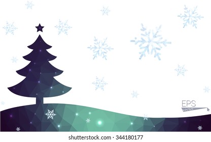 Blue, green postcard low polygon style christmas tree vector illustration consisting of triangles. Abstract polygonal origami or crystal design of New Years celebration. Isolated on white background.
