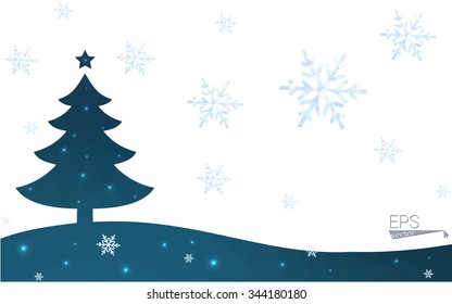 Blue, green postcard low polygon style christmas tree vector illustration consisting of triangles. Abstract polygonal origami or crystal design of New Years celebration. Isolated on white background.