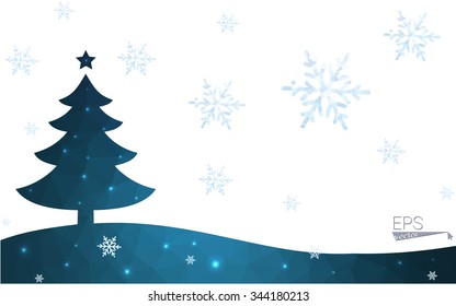 Blue, green postcard low polygon style christmas tree vector illustration consisting of triangles. Abstract polygonal origami or crystal design of New Years celebration. Isolated on white background.