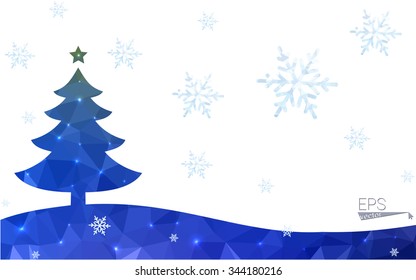 Blue, green postcard low polygon style christmas tree vector illustration consisting of triangles. Abstract polygonal origami or crystal design of New Years celebration. Isolated on white background.