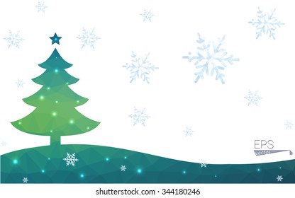 Blue, green postcard low polygon style christmas tree vector illustration consisting of triangles. Abstract polygonal origami or crystal design of New Years celebration. Isolated on white background.