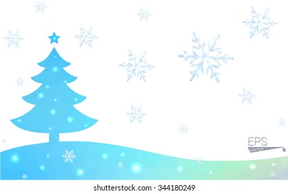 Blue, green postcard low polygon style christmas tree vector illustration consisting of triangles. Abstract polygonal origami or crystal design of New Years celebration. Isolated on white background.