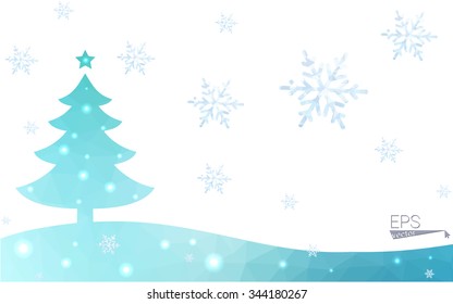 Blue, green postcard low polygon style christmas tree vector illustration consisting of triangles. Abstract polygonal origami or crystal design of New Years celebration. Isolated on white background.