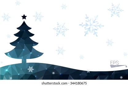 Blue, green postcard low polygon style christmas tree vector illustration consisting of triangles. Abstract polygonal origami or crystal design of New Years celebration. Isolated on white background.