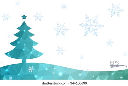 Blue, green postcard low polygon style christmas tree vector illustration consisting of triangles. Abstract polygonal origami or crystal design of New Years celebration. Isolated on white background.