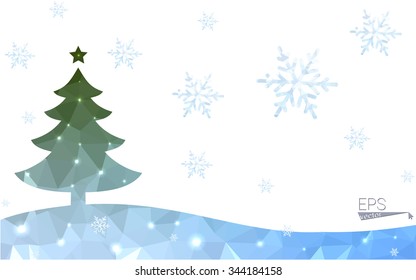 Blue, green postcard low polygon style christmas tree vector illustration consisting of triangles. Abstract polygonal origami or crystal design of New Years celebration. Isolated on white background.