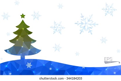 Blue, green postcard low polygon style christmas tree vector illustration consisting of triangles. Abstract polygonal origami or crystal design of New Years celebration. Isolated on white background.