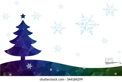 Blue, green postcard low polygon style christmas tree vector illustration consisting of triangles. Abstract polygonal origami or crystal design of New Years celebration. Isolated on white background.