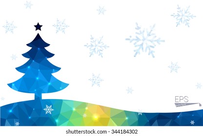Blue, green postcard low polygon style christmas tree vector illustration consisting of triangles. Abstract polygonal origami or crystal design of New Years celebration. Isolated on white background.