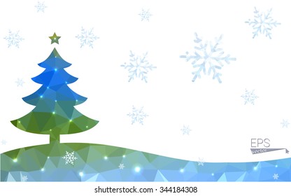 Blue, green postcard low polygon style christmas tree vector illustration consisting of triangles. Abstract polygonal origami or crystal design of New Years celebration. Isolated on white background.