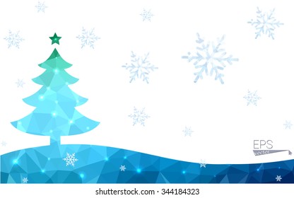 Blue, green postcard low polygon style christmas tree vector illustration consisting of triangles. Abstract polygonal origami or crystal design of New Years celebration. Isolated on white background.