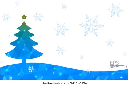 Blue, green postcard low polygon style christmas tree vector illustration consisting of triangles. Abstract polygonal origami or crystal design of New Years celebration. Isolated on white background.