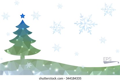 Blue, green postcard low polygon style christmas tree vector illustration consisting of triangles. Abstract polygonal origami or crystal design of New Years celebration. Isolated on white background.