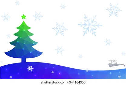 Blue, green postcard low polygon style christmas tree vector illustration consisting of triangles. Abstract polygonal origami or crystal design of New Years celebration. Isolated on white background.