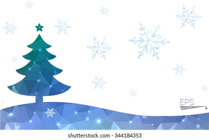 Blue, green postcard low polygon style christmas tree vector illustration consisting of triangles. Abstract polygonal origami or crystal design of New Years celebration. Isolated on white background.