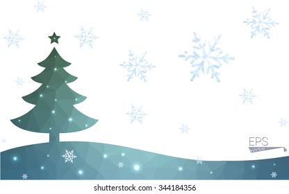 Blue, green postcard low polygon style christmas tree vector illustration consisting of triangles. Abstract polygonal origami or crystal design of New Years celebration. Isolated on white background.