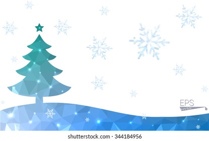 Blue, green postcard low polygon style christmas tree vector illustration consisting of triangles. Abstract polygonal origami or crystal design of New Years celebration. Isolated on white background.