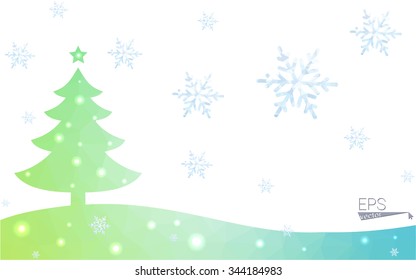 Blue, green postcard low polygon style christmas tree vector illustration consisting of triangles. Abstract polygonal origami or crystal design of New Years celebration. Isolated on white background.