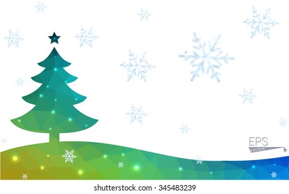 Blue, green postcard low polygon style christmas tree vector illustration consisting of triangles. Abstract polygonal origami or crystal design of New Years celebration. Isolated on white background.