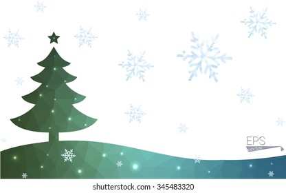 Blue, green postcard low polygon style christmas tree vector illustration consisting of triangles. Abstract polygonal origami or crystal design of New Years celebration. Isolated on white background.