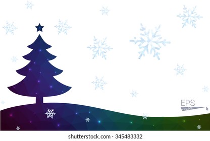 Blue, green postcard low polygon style christmas tree vector illustration consisting of triangles. Abstract polygonal origami or crystal design of New Years celebration. Isolated on white background.