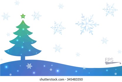 Blue, green postcard low polygon style christmas tree vector illustration consisting of triangles. Abstract polygonal origami or crystal design of New Years celebration. Isolated on white background.