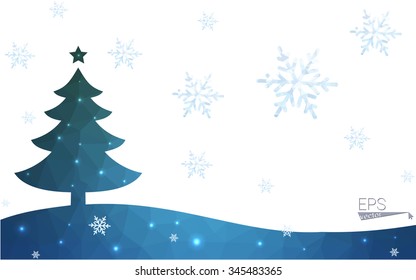 Blue, green postcard low polygon style christmas tree vector illustration consisting of triangles. Abstract polygonal origami or crystal design of New Years celebration. Isolated on white background.