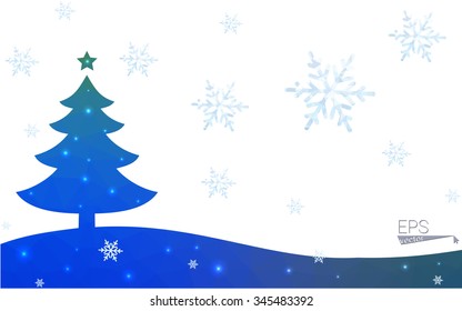 Blue, green postcard low polygon style christmas tree vector illustration consisting of triangles. Abstract polygonal origami or crystal design of New Years celebration. Isolated on white background.