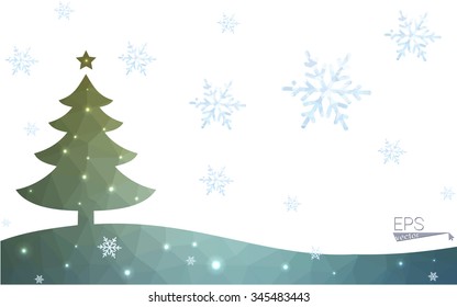 Blue, green postcard low polygon style christmas tree vector illustration consisting of triangles. Abstract polygonal origami or crystal design of New Years celebration. Isolated on white background.