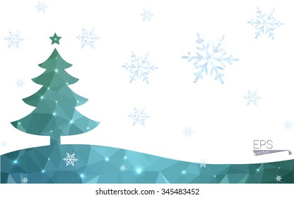 Blue, green postcard low polygon style christmas tree vector illustration consisting of triangles. Abstract polygonal origami or crystal design of New Years celebration. Isolated on white background.