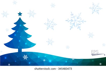 Blue, green postcard low polygon style christmas tree vector illustration consisting of triangles. Abstract polygonal origami or crystal design of New Years celebration. Isolated on white background.