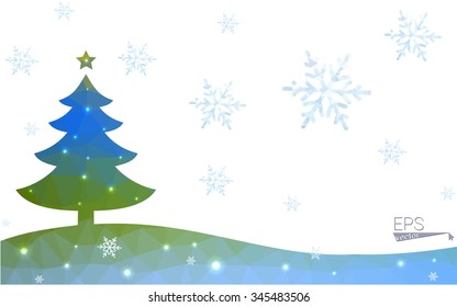 Blue, green postcard low polygon style christmas tree vector illustration consisting of triangles. Abstract polygonal origami or crystal design of New Years celebration. Isolated on white background.